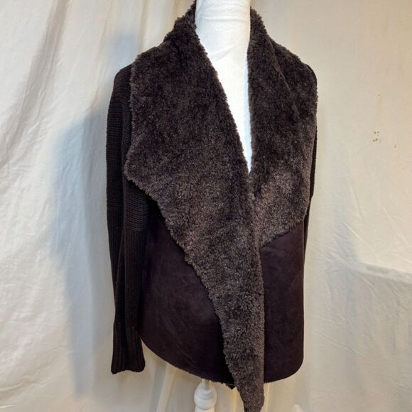 Chelsea & Theodore Brown Faux Fur Suede Knit Jacket Coat Womens Designer - Picture 3 of 10